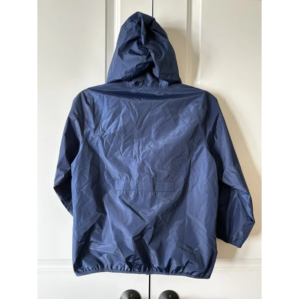 Lands End Hooded Rain Jacket Navy Blue Boys Size L 10-12 Packable Raincoat